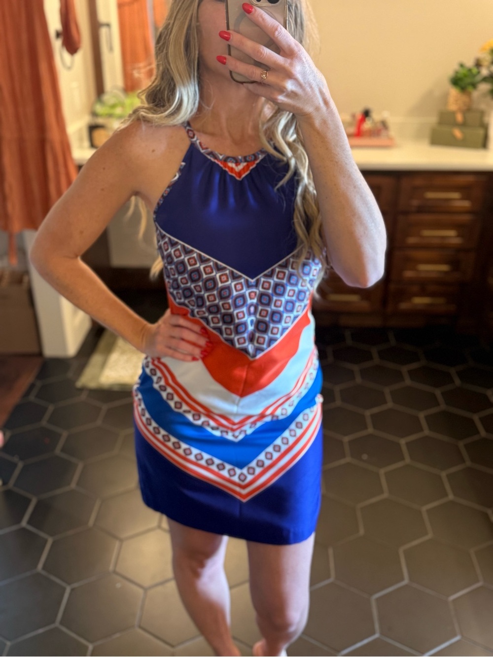 Banana Republic Navy, orange & White Printed Halter Mini Dress